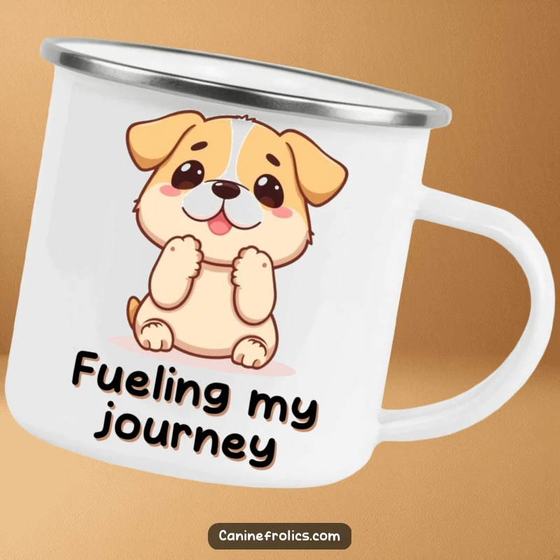 Funny dog camping mug showing a dog with paws up, eyes focused on a treat, perfect for outdoor snack time.