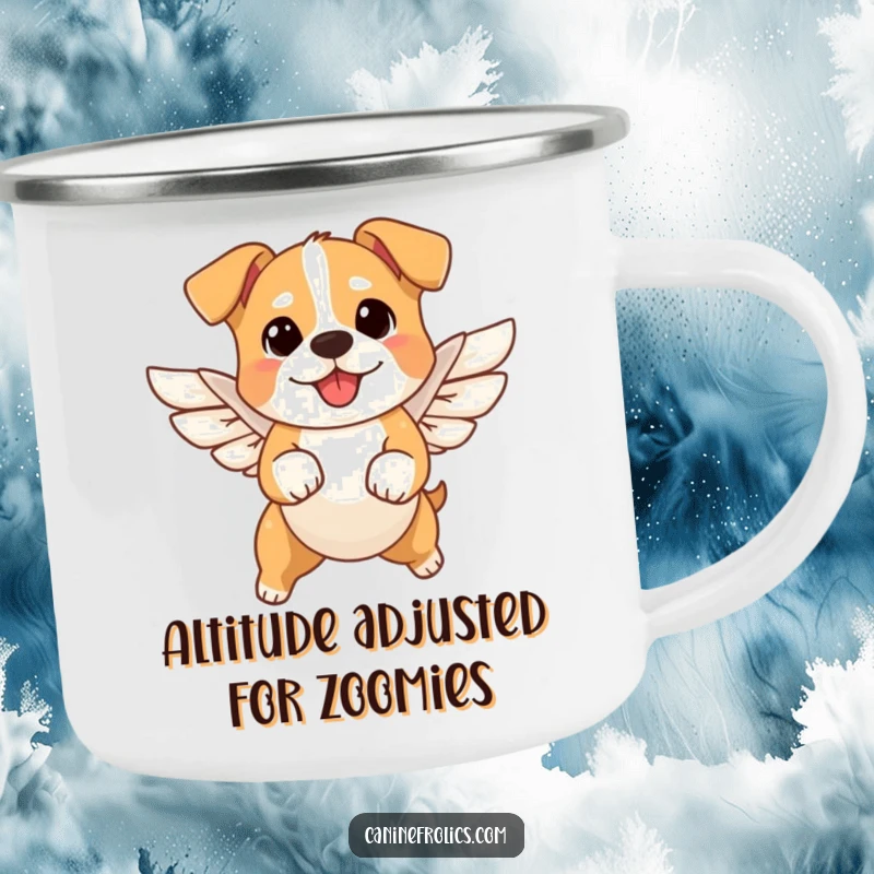 Funny angel dog camping mug showing a small dog with tiny wings joyfully leaping, ready for outdoor fun and humorous moments.