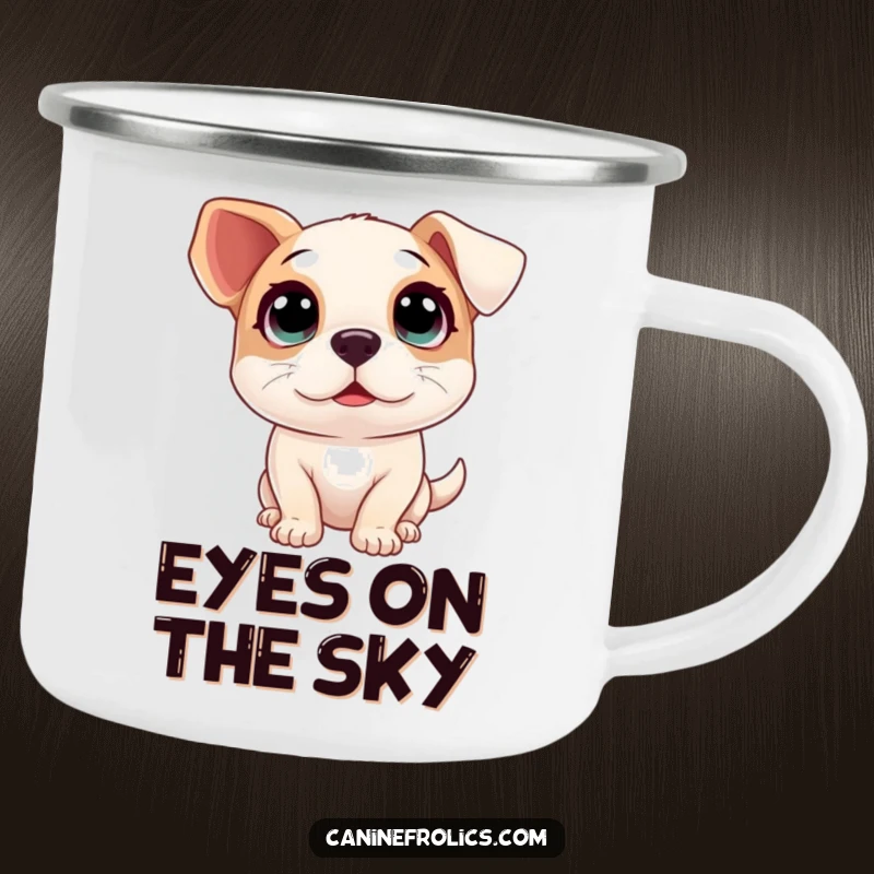 Funny camping mug depicting a dog with massive, innocent eyes looking up, radiating pure outdoor excitement.