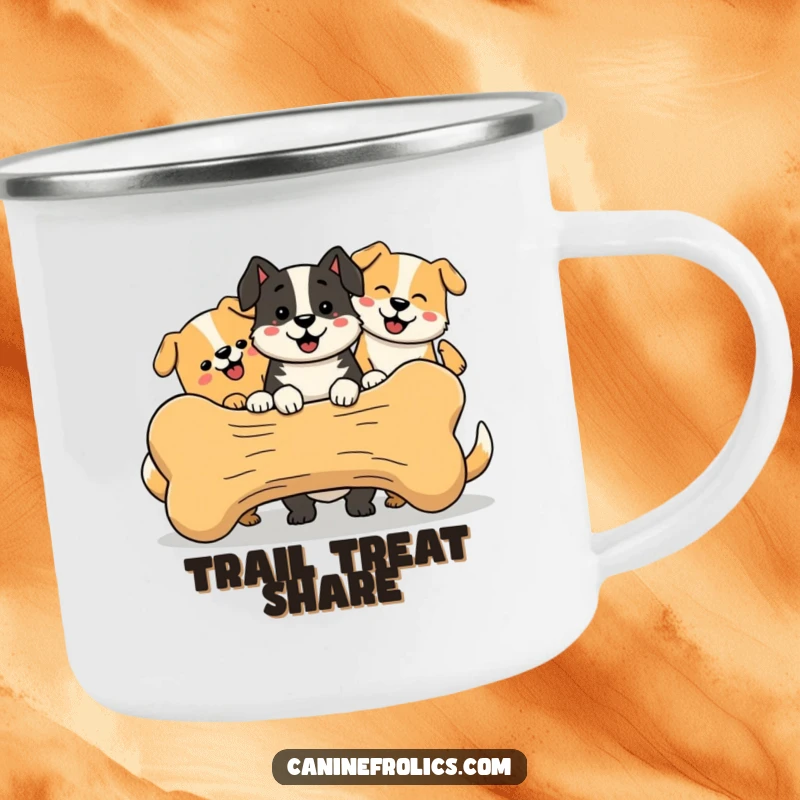 Funny Camping Mug, featuring simplified, happy dogs sharing a large bone, bringing joy to outdoor coffee breaks.