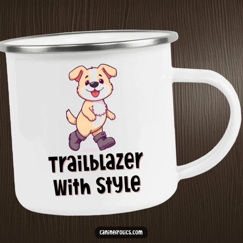 Funny dog camping mug showing a dog confidently stepping out in oversized boots, ready for any adventure with humor.