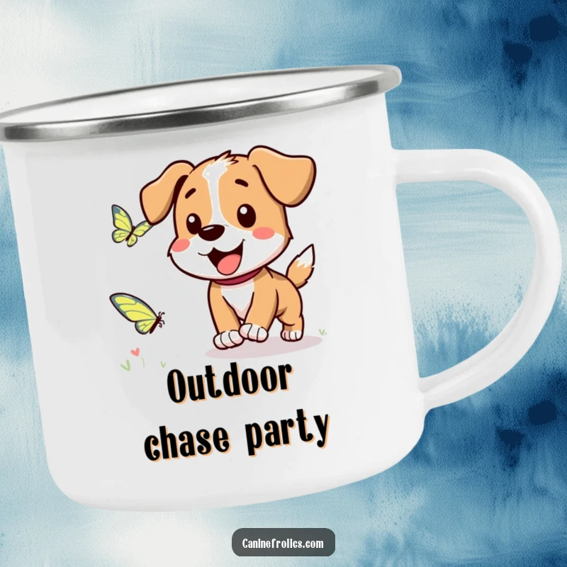 Funny Dog Camping Mug: A dog character joyfully chasing a butterfly, perfect for adding a touch of fun to camping trips.