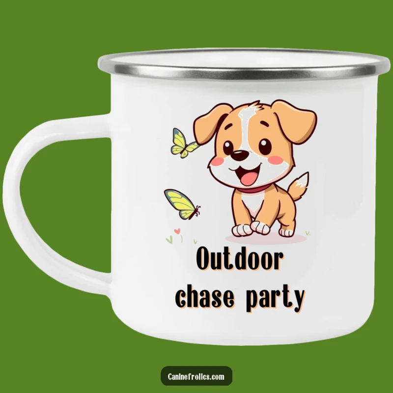 Funny Dog Camping Mug: Butterfly Chase Adventure, Outdoor Gift