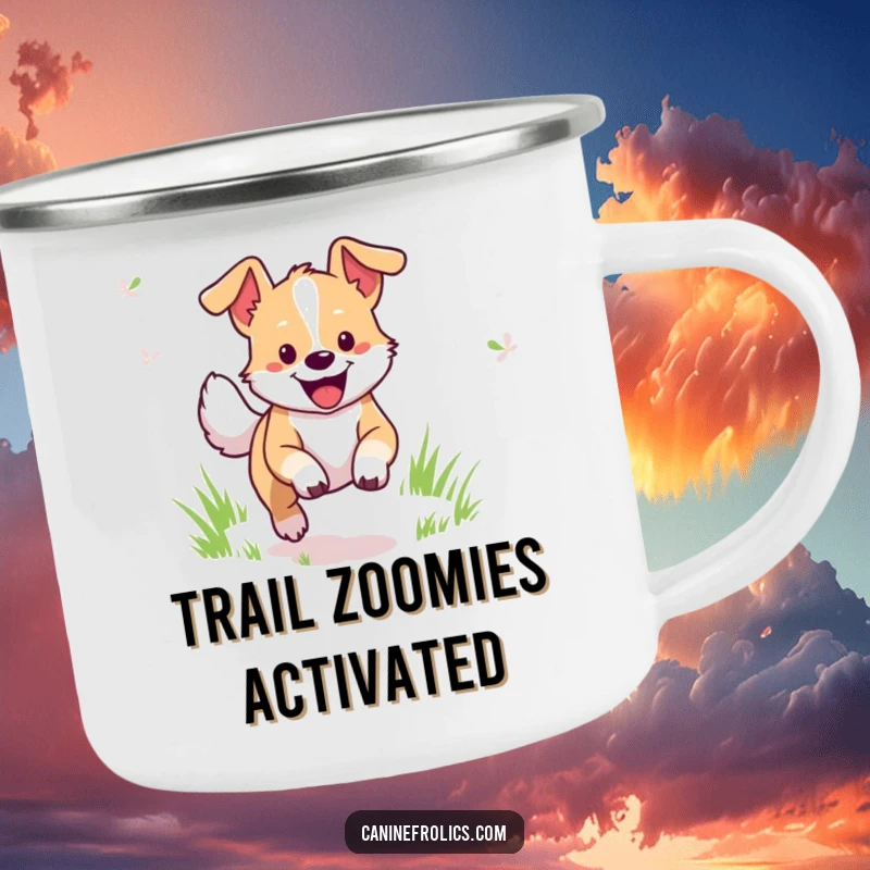 Funny Dog Camping Mug: Cheerful dog character happily bounding through a grassy field, perfect for outdoor adventures.
