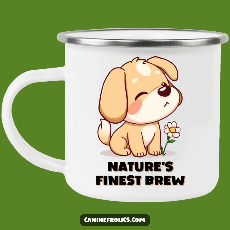 Funny Dog Camping Mug: Curious Sniffer, Tail Wagging Flower, Outdoor Charm