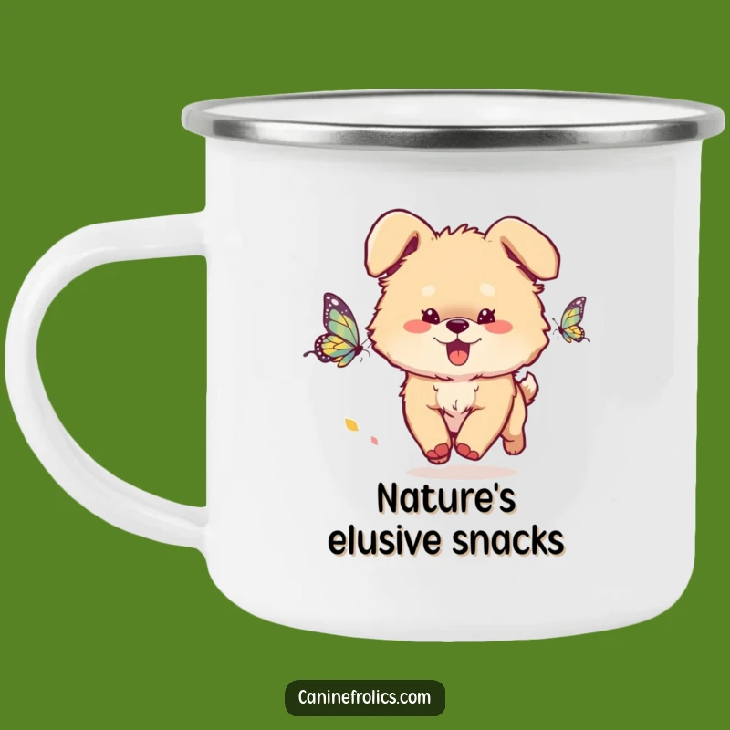 Funny Dog Camping Mug: Fluffy Pup Butterfly Chase - Outdoor Whimsy Gift