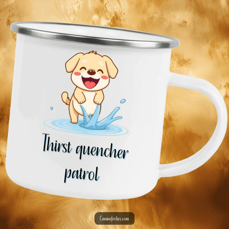 Funny Dog Camping Mug: A happy dog pants with mouth open, joyfully trying to catch a stream of water, ideal for outdoor enthusiasts.