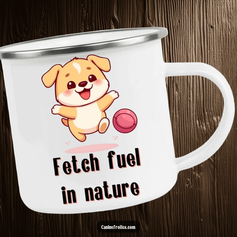 Funny Dog Camping Mug: A round, joyful dog character leaps energetically towards a bouncing ball, designed for outdoor enthusiasts and dog lovers.