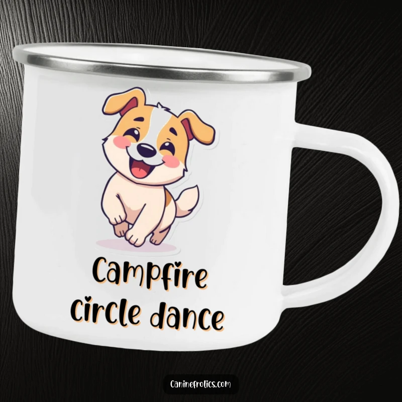 Funny camping mug with a dog character grinning, chasing its tail in a comical circle, perfect for outdoor fun.