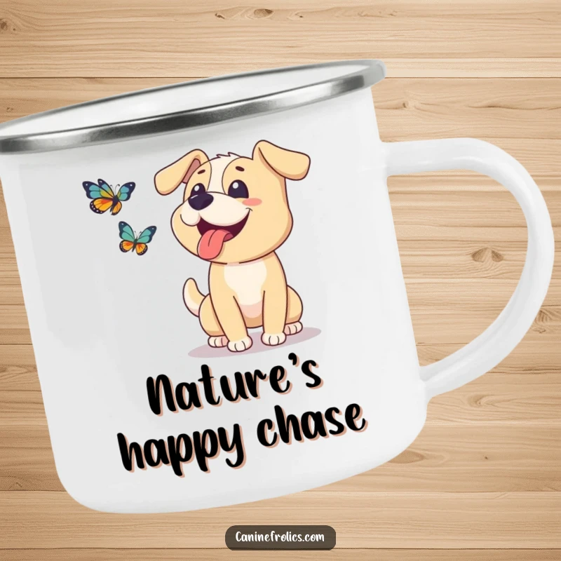 Funny dog camping mug showing a happy dog with its tongue lolling out, joyfully chasing a butterfly in a wilderness setting.