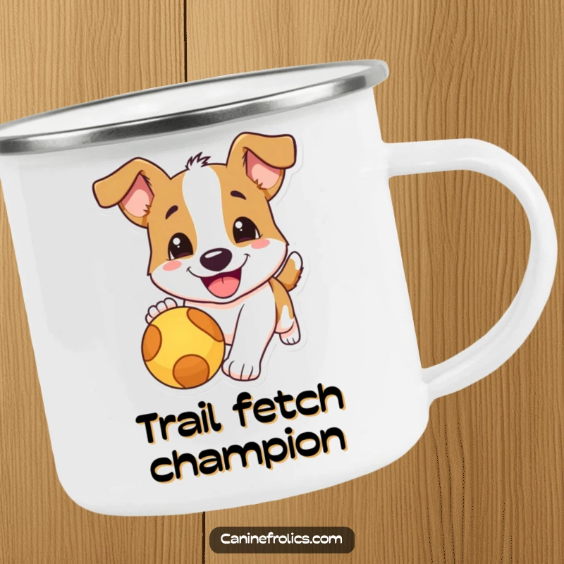 Funny dog camping mug showing a dog with a huge smile enthusiastically chasing a red ball, perfect for outdoor humor.