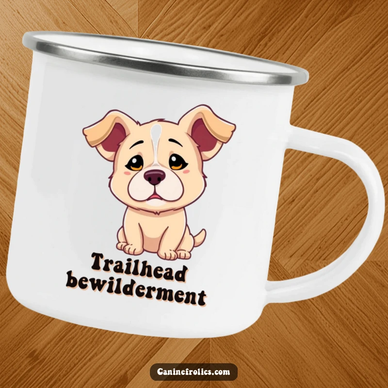 Funny camping mug with a dog sporting prominent floppy ears and a quizzical, playfully confused expression, perfect for outdoor pondering.