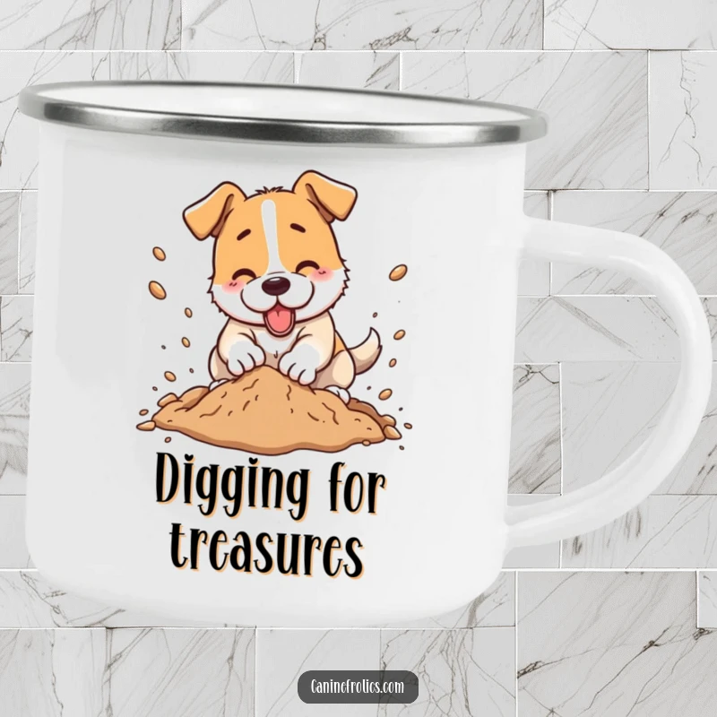 Funny dog camping mug, a dog happily digging with dirt flying, ideal for outdoor enthusiasts.