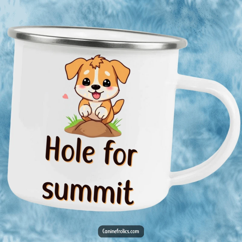 Funny Dog Camping Mug: A dog energetically digging a hole, paws flying, perfect for adding a touch of playful excavation to outdoor adventures.