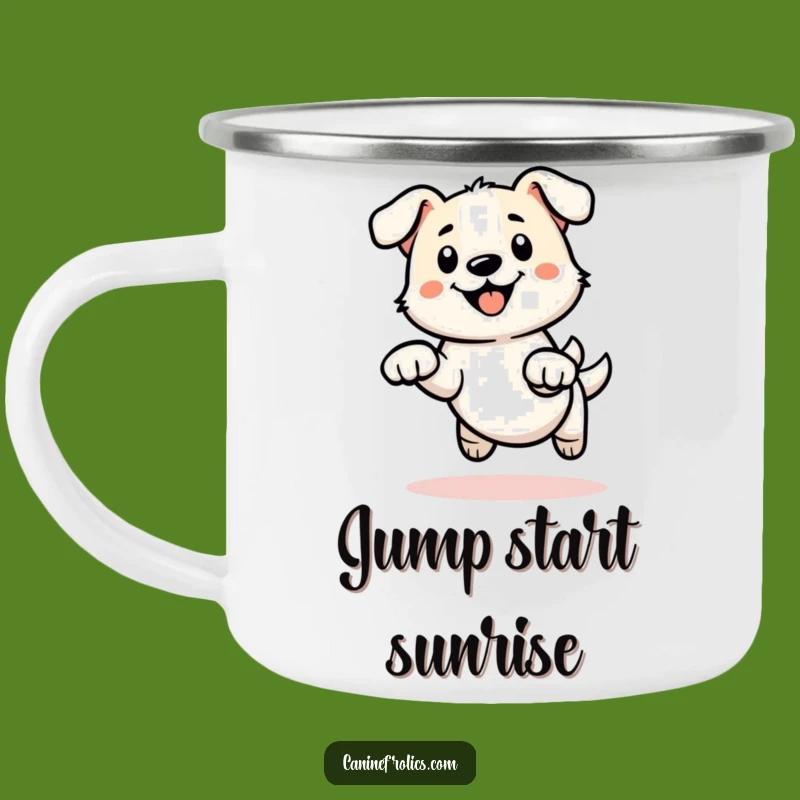 Funny Dog Leap Outline Camping Mug - Adventure-Ready with Energetic Paws