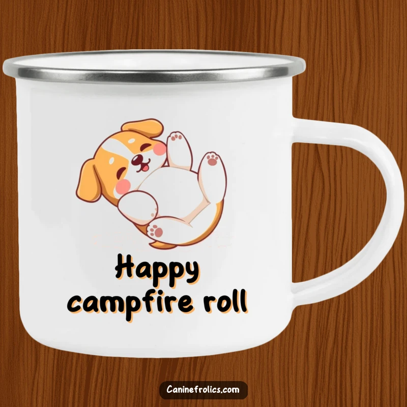 Funny Dog Camping Mug: A dog rolling on its back with paws batting the air, embodying pure joy and perfect for outdoor adventures.