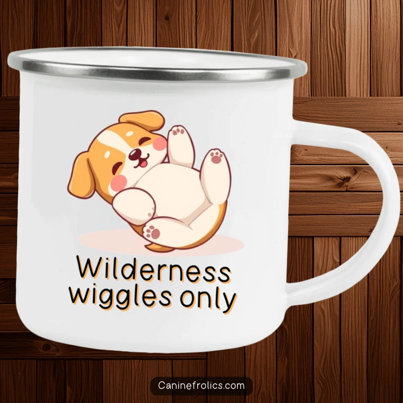 Funny Camping Mug: A dog is happily rolling on its back, paws playfully in the air, perfect for enjoying a brew outdoors.