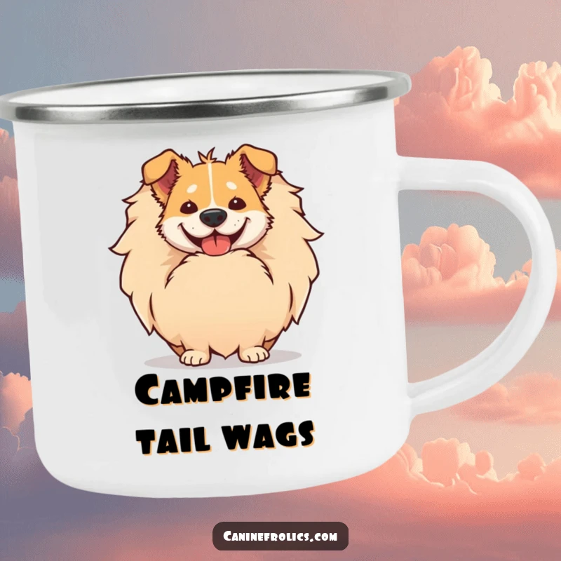 Funny camping mug featuring a dog's comically large smile peeking from behind its giant, fluffy tail, ready for adventures.