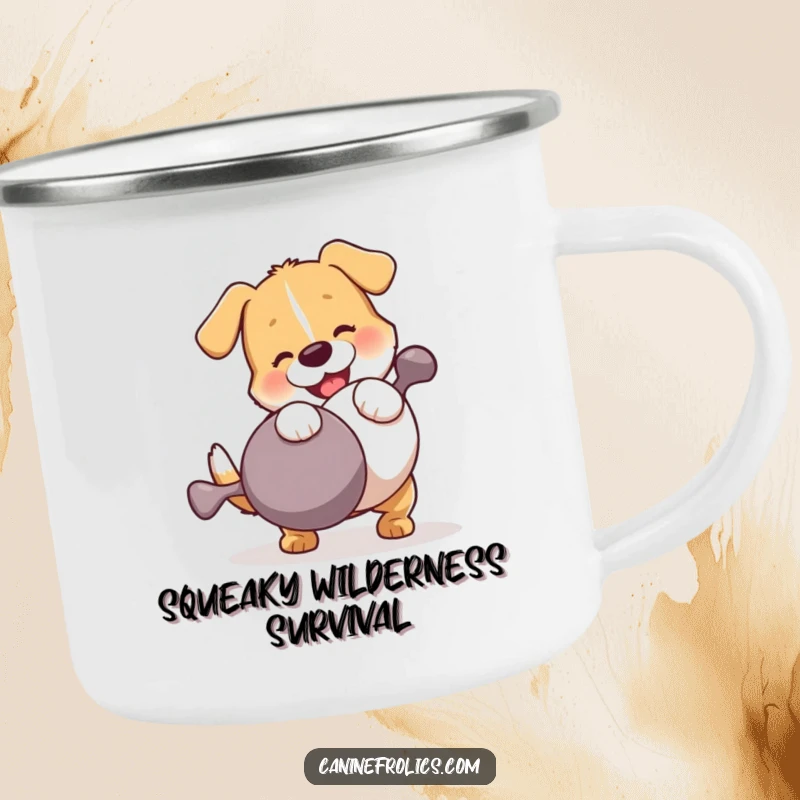 Funny Dog Camping Mug: A dog hilariously wrestling a large squeaky toy in an outdoor setting, embodying adventurous fun and comedic charm for campers.