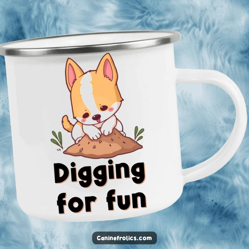 Funny enamel camping mug showing a dog playfully digging in a small mound of dirt, perfect for outdoor enjoyment.