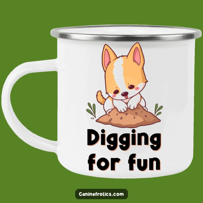 Funny Enamel Camping Mug - Digging Dog Dirt Mound Outdoor Fun