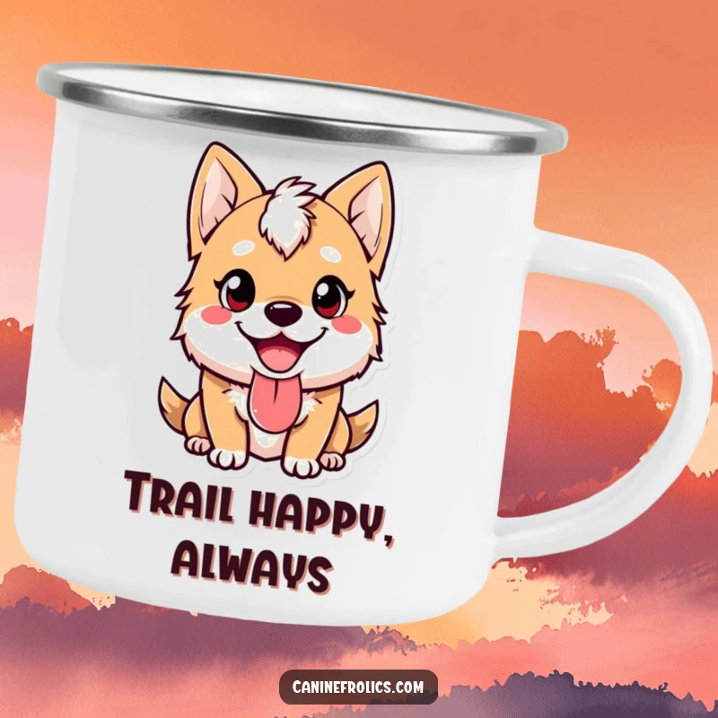 Funny enamel camping mug featuring a cute dog with a happy expression and tongue lolling out, designed for outdoor enjoyment.