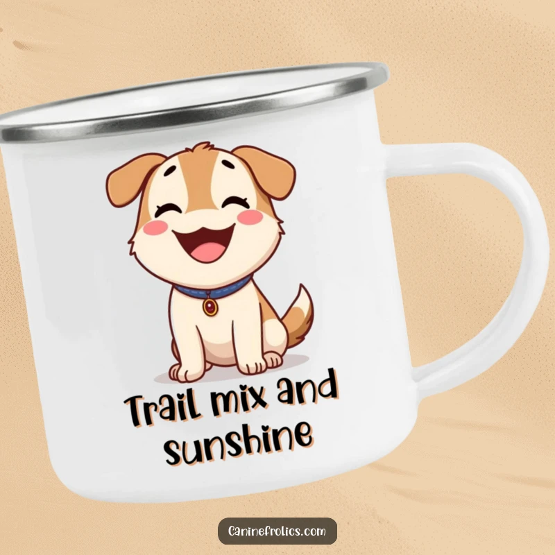 Funny Dog Camping Mug: Happy dog panting outdoors, tongue out, perfect for sunny adventures and happy sips.