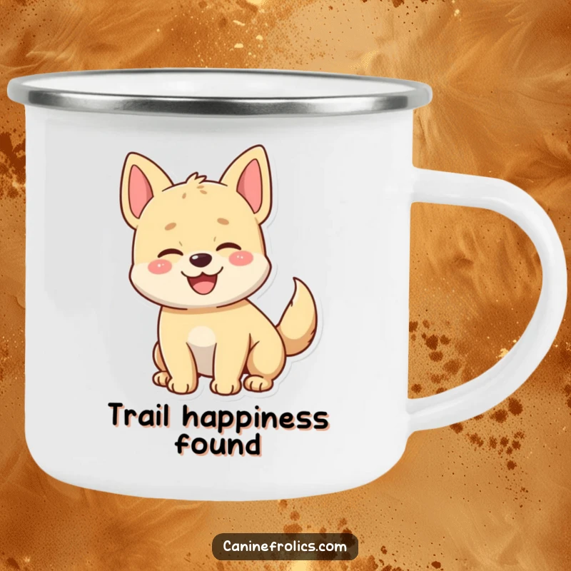 Funny camping mug depicting a joyful dog character with a furiously wagging tail, perfect for outdoor enthusiasts and dog lovers.