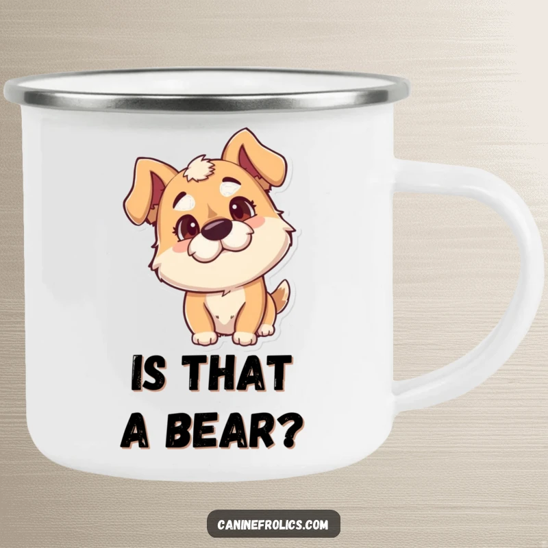 Funny Dog Camping Mug: Goofy dog with a curious head tilt, perfect for outdoor adventures and a good laugh.