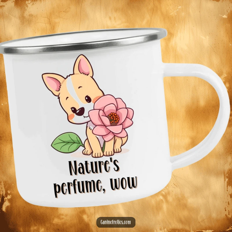 Funny camping mug with a dog tilting its head curiously, sniffing a giant flower, ideal for nature lovers on the go.