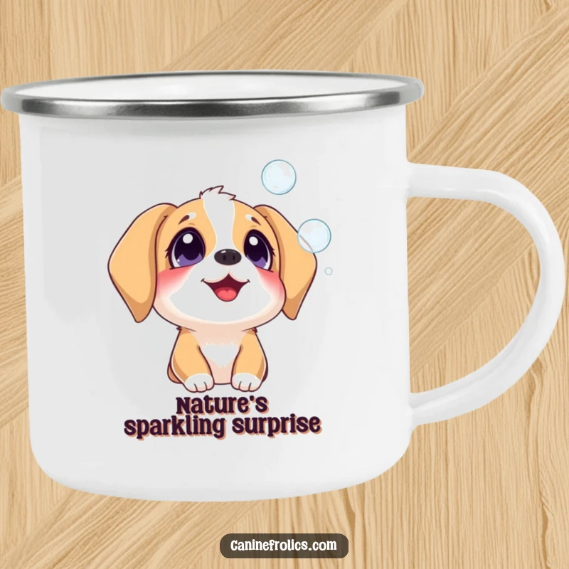 Funny dog camping mug showing a delighted dog watching bubbles float by, ready for outdoor enchantment with humor.