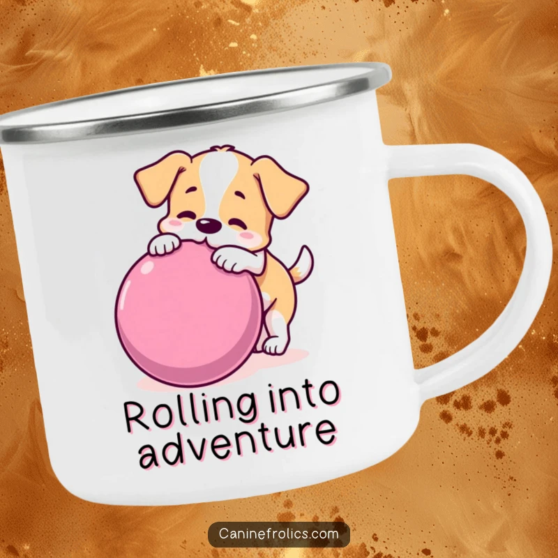 Funny dog camping mug showing a playful dog nudging a huge ball, ready for outdoor fun with humor.