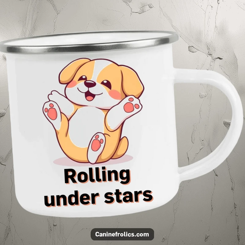 Funny dog camping mug featuring a character playfully rolling on its back with paws in the air, ideal for enjoying drinks during outdoor adventures.