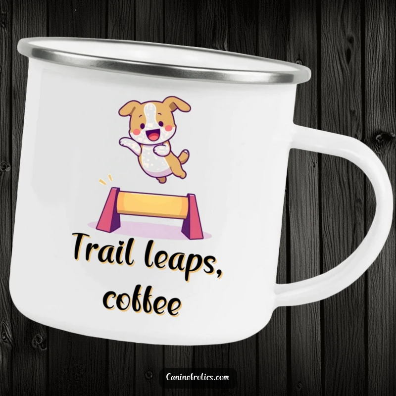 Funny dog camping mug featuring an excited character leaping over a colorful obstacle, perfect for enjoying drinks during outdoor adventures.