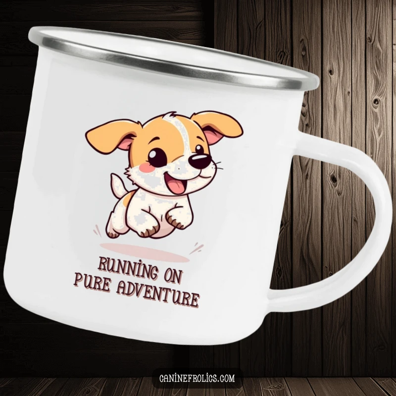 Funny dog camping mug showing a dog with floppy ears flying as it runs with abandon, perfect for outdoor humor.