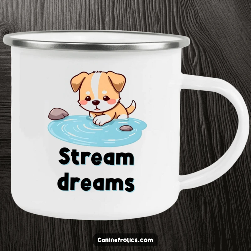 Funny enamel camping mug featuring a dog dipping its paw into a stream, perfect for peaceful campers.