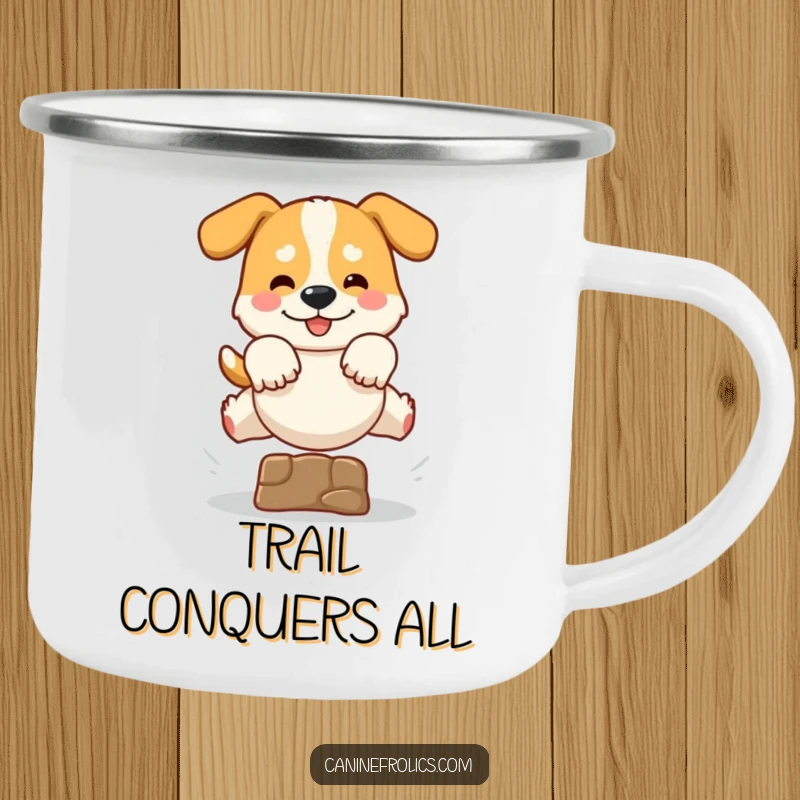 Funny camping mug showing a dog mid-leap over a small rock or log, paws out, embodying adventurous spirit and outdoor fun.