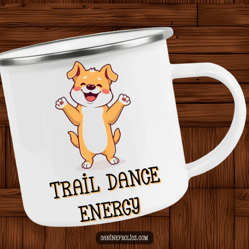 Funny Dog Camping Mug: A dog doing an energetic happy dance on its hind legs with paws raised, perfect for adding joy to outdoor adventures.