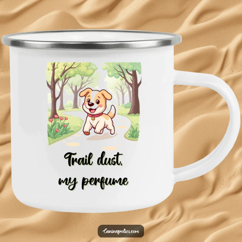 Funny camping mug with a dog character's bouncy stride, happily trotting along a park path, ready for outdoor fun.