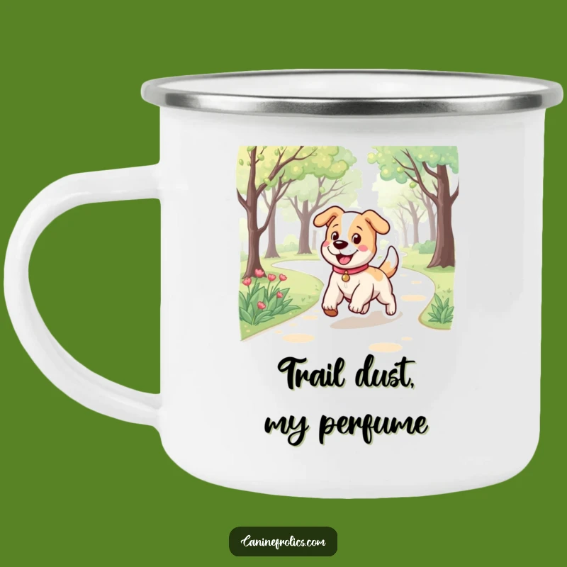 Funny Dog Camping Mug: Bouncy Pup Trotting Park Path, Adventure-Ready Humor