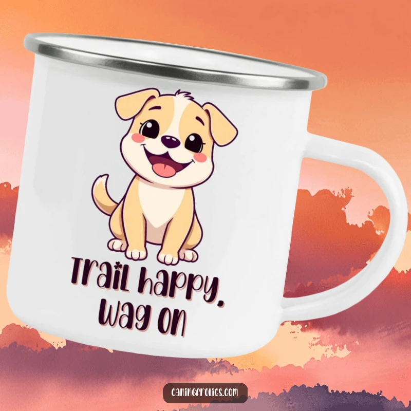 Funny camping mug shows a dog with a broad, happy grin and a wagging tail, built for rugged fun and outdoor enjoyment.
