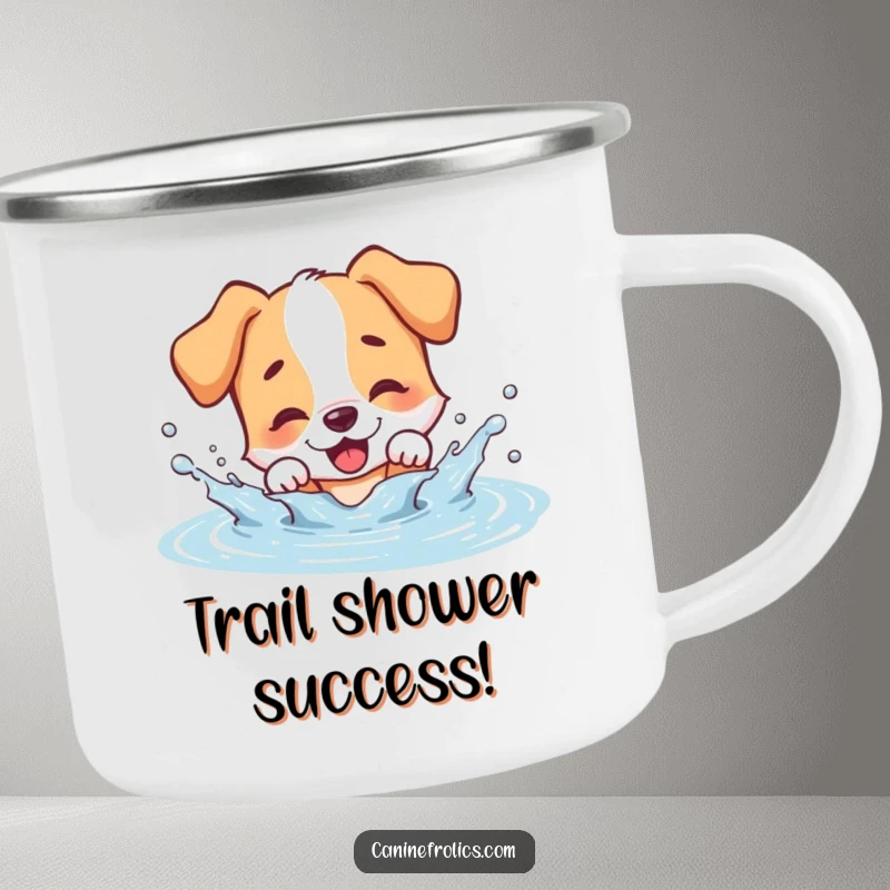 Funny dog camping mug, a happy dog splashing in a puddle, durable and perfect for outdoor adventures.
