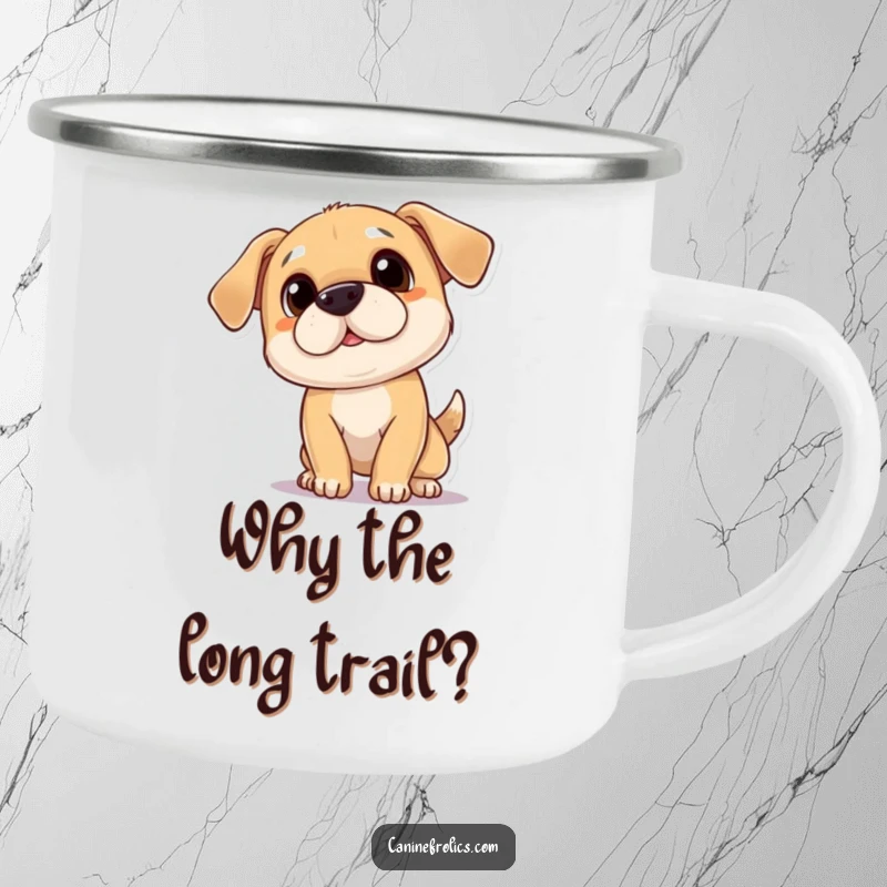 Funny camping mug with a playful dog tilting its head with a curious expression, ready for any adventure.