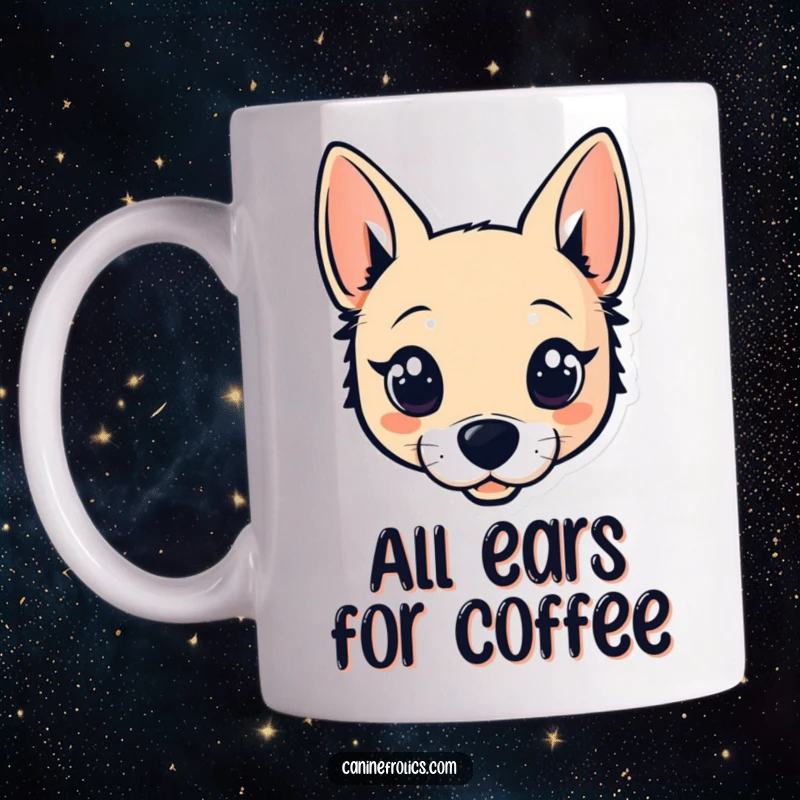 Funny mug with a stylized dog head, featuring wide, sparkling eyes and alert, perky ears, radiating charm and cuteness.