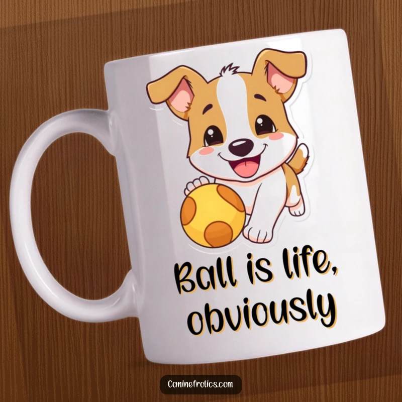 Funny dog mug showing a happy dog with a huge smile enthusiastically chasing a red ball, embodying pure, unadulterated canine joy.
