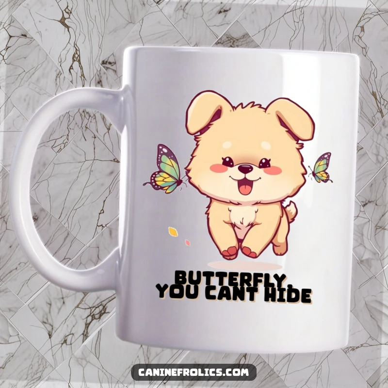 Funny Dog Mug: A fluffy dog with ears flopping energetically chases a colorful butterfly across a grassy field, radiating playful joy.