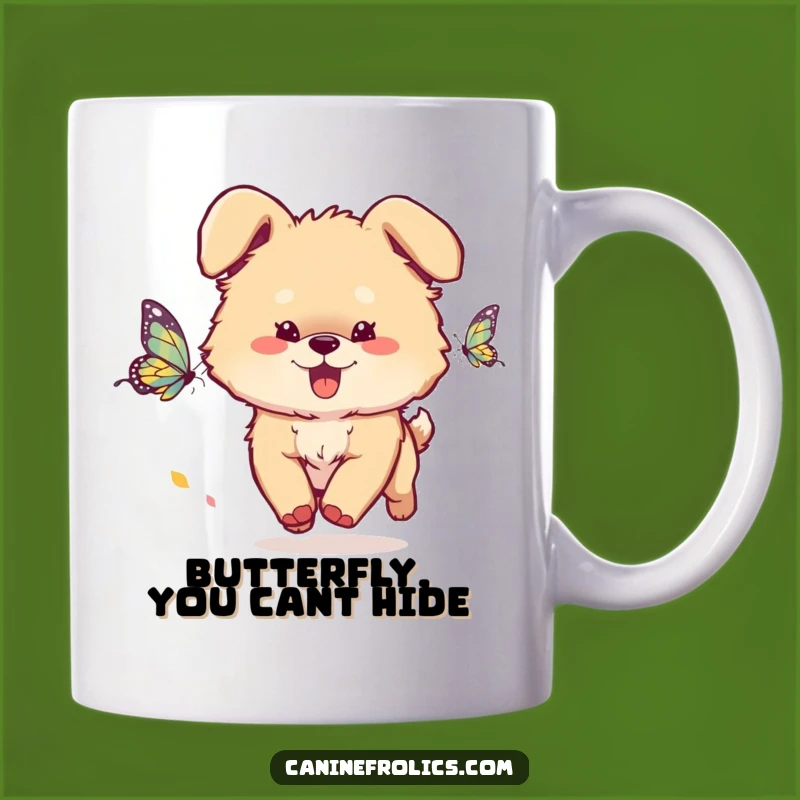 Funny Dog Mug: Fluffy Pup Chasing Butterfly - Whimsical & Hilarious Gift