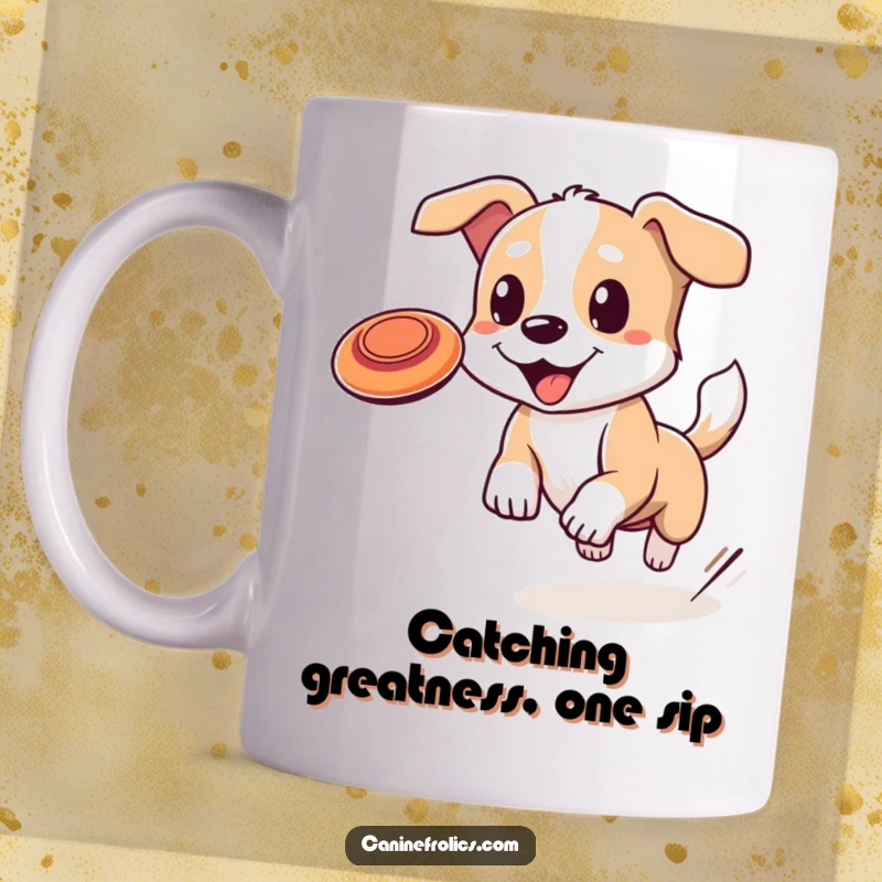 Funny dog mug showing a happy, cute dog with a wagging tail leaping mid-air to catch a frisbee, full of playful energy.