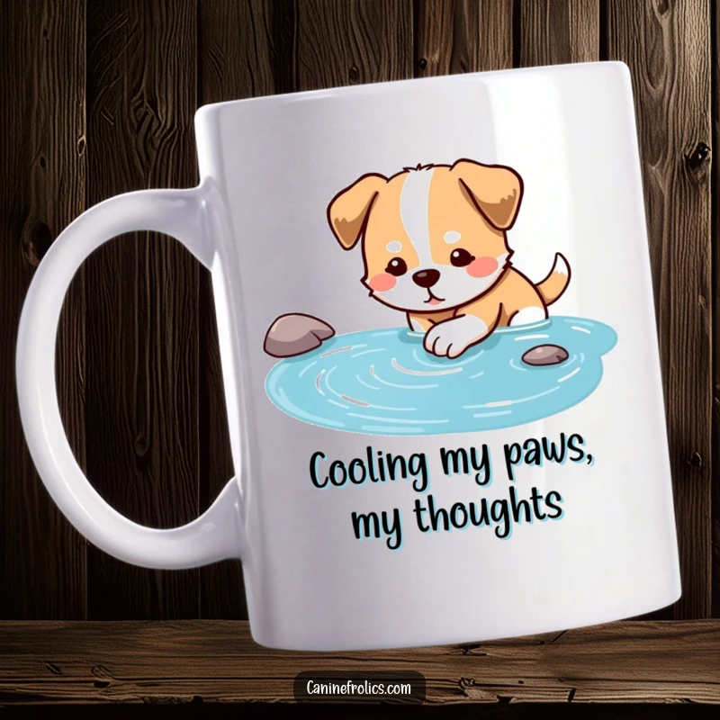 Funny dog mug showing a dog gently dipping its paw into a clear blue stream.