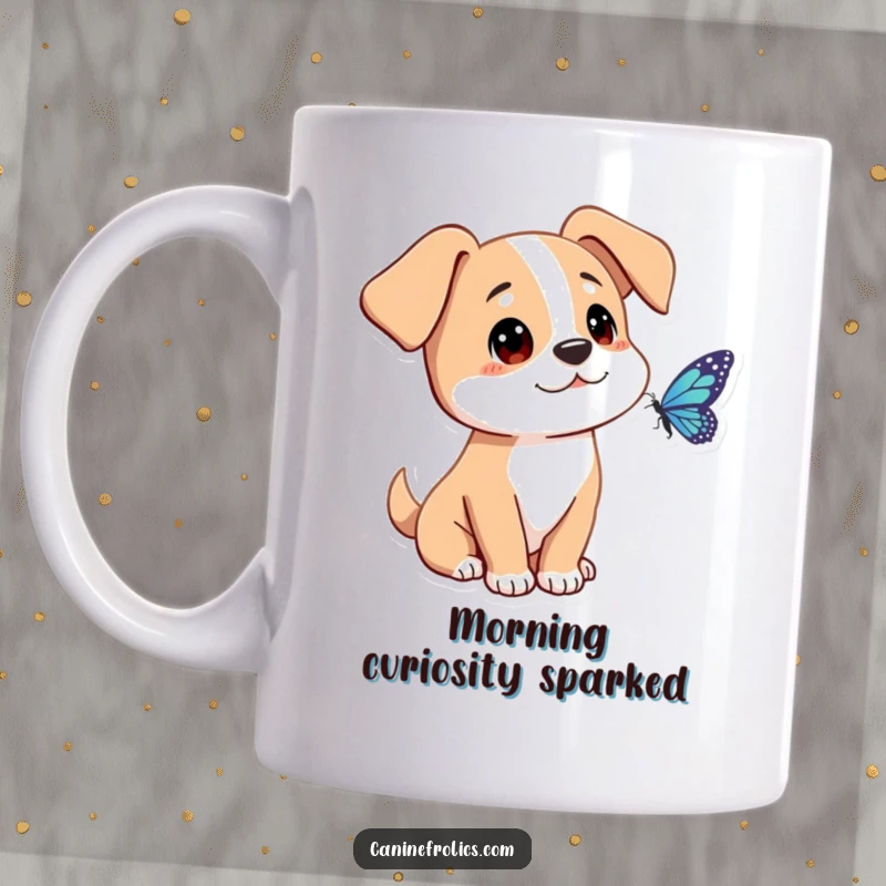 Funny dog mug with a character's ears flopped forward, gazing with gentle curiosity at a delicate butterfly, capturing a moment of innocent fascination.